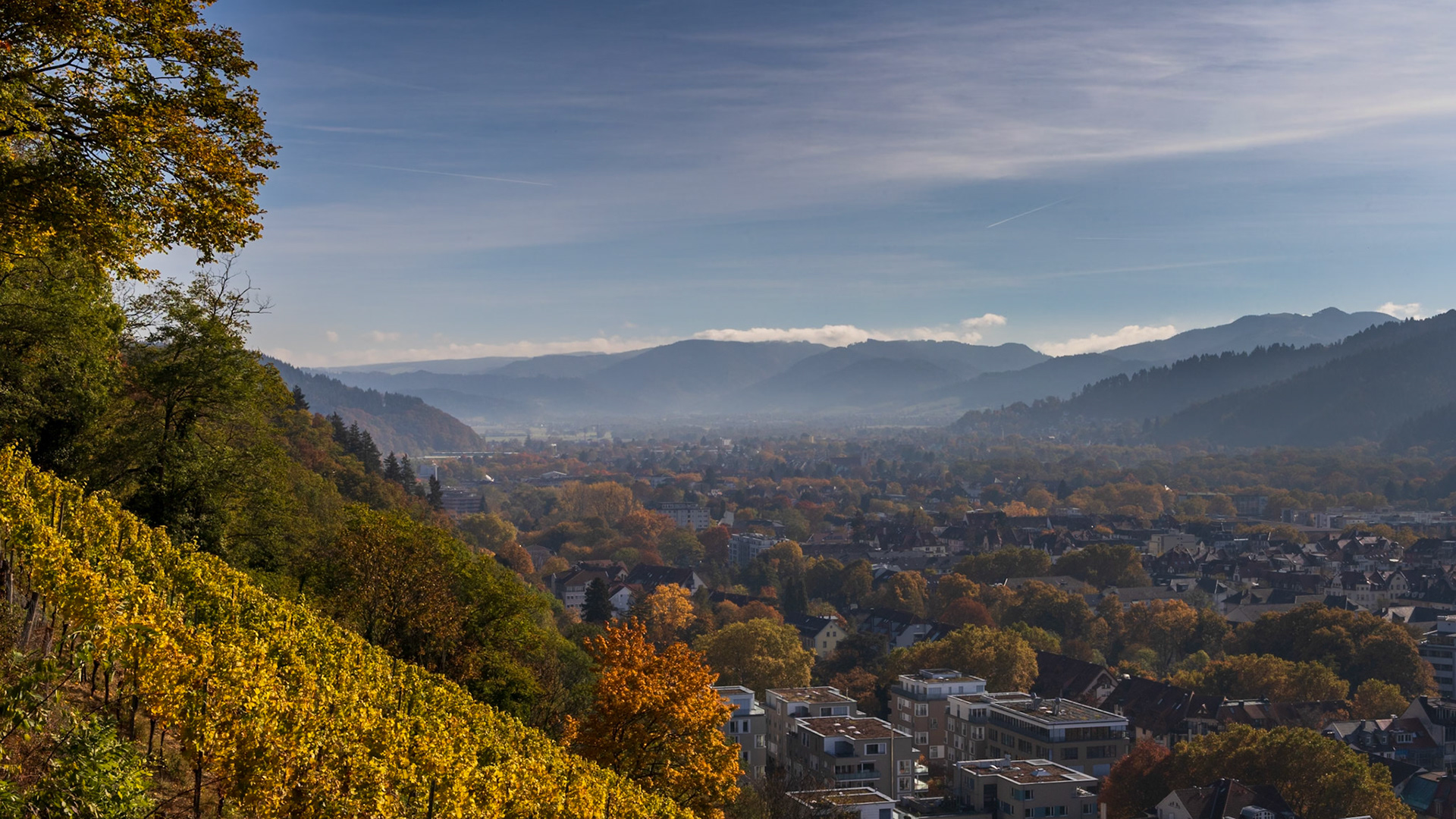 Das herbstliche Dreisdamtal. Blick vom Kanonenplatz am Schloßberg in Freiburg.