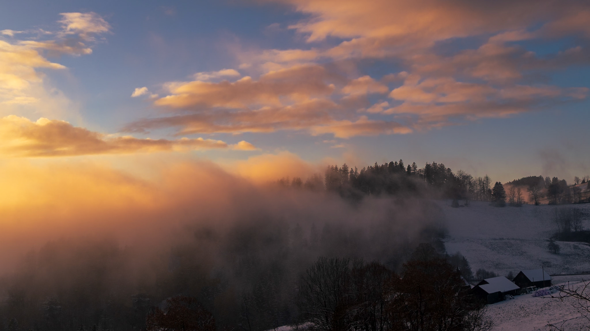 Sonnenuntergang bei aufziehendem Nebel