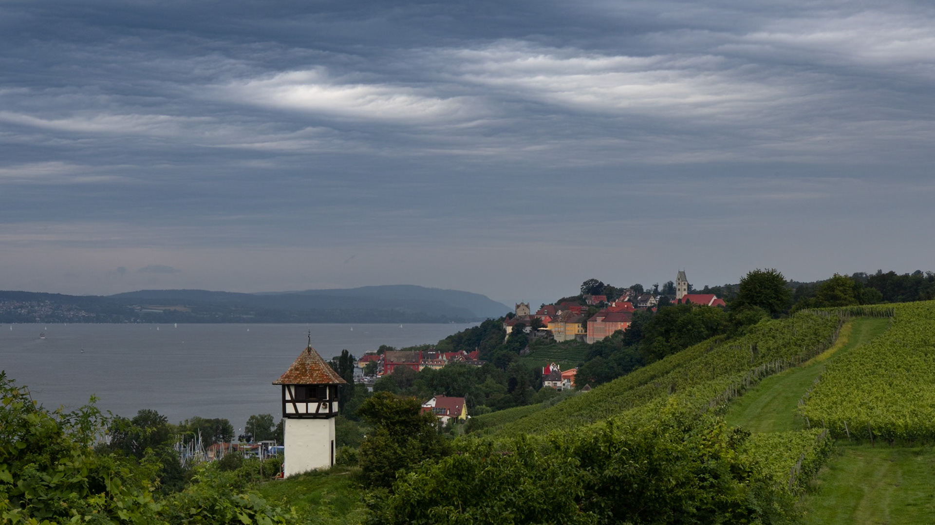 Rebenhäußchen, Weinreben, Wolken, Meersburg, Bodensee