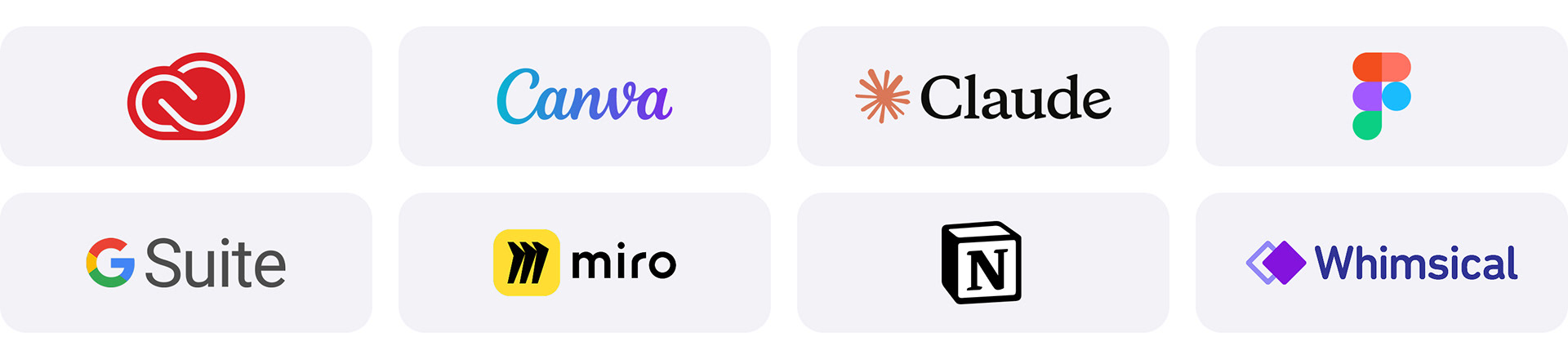 Logos for brands Adobe, Canva, Claude, Figma, Google, Miro, Notion, Whimsical.