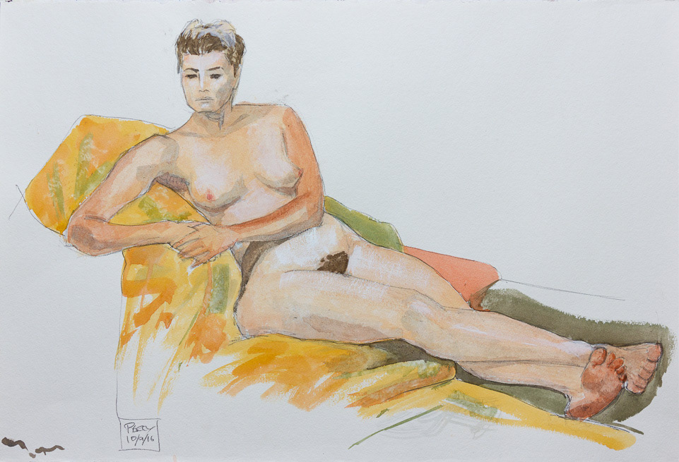 Becky as Olympia, 2016, Pencil and Watercolour on lining paper, 15x22", 38x56cm