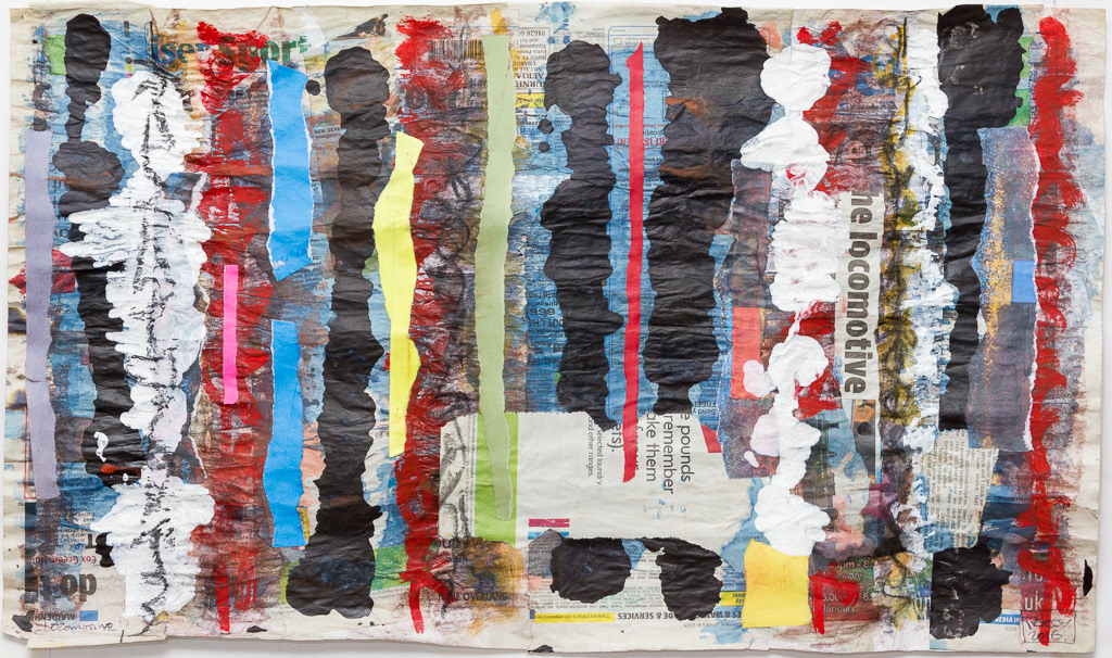 Locomotive, no35_2016, Mixed media collage on Newspaper,14x24", 36x61cm
