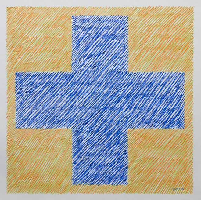 Binary 9, 1987, Plus, Blue on Red & Green, Binary series, pastel on cartridge, 59.5cm sq, 23.4" sq.
