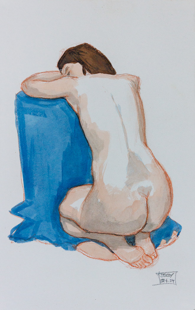 Anna 4, Kneeling, no21 2024, Watercolour on lining paper, 19x12", 48x30cm