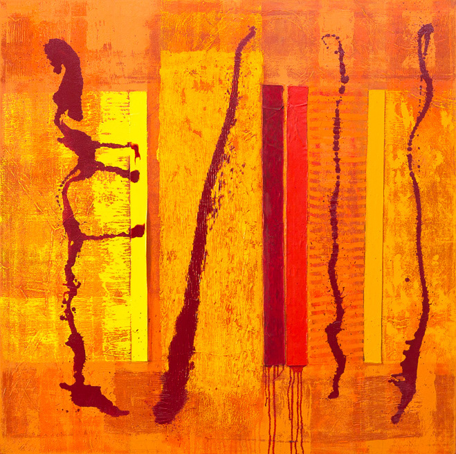 Binary Interaction 3, Red & Yellow, 2017, oil on canvas, 42x42", 107x107cm