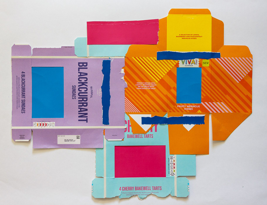 Tarts & Kisses, no34 2025, Collage with packaging, 16 ½ x21", 41.5x53cm