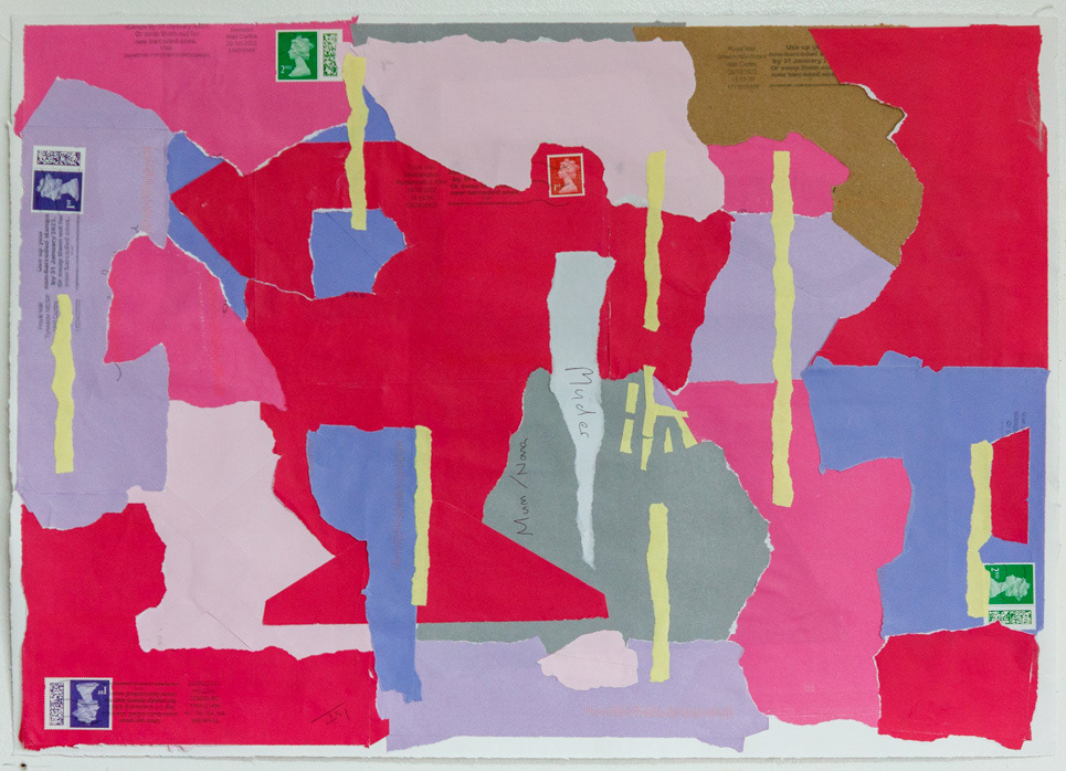 Birthday Collage, no37 2022, Birthday card envelopes collaged on paper, 16 ½ x23 ¼", 42x59.5cm