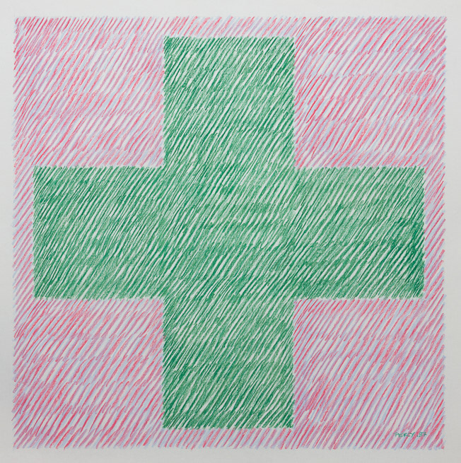 Binary 7, 1987, Plus, Green & Mauve, Binary series, pastel on cartridge, 59.5cm sq, 23.4" sq.