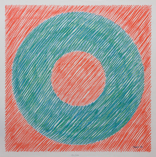 Binary 12, 1987, Red on Blue & Green, Zero, Binary series, pastel on cartridge, 59.5cm sq, 23.4" sq.