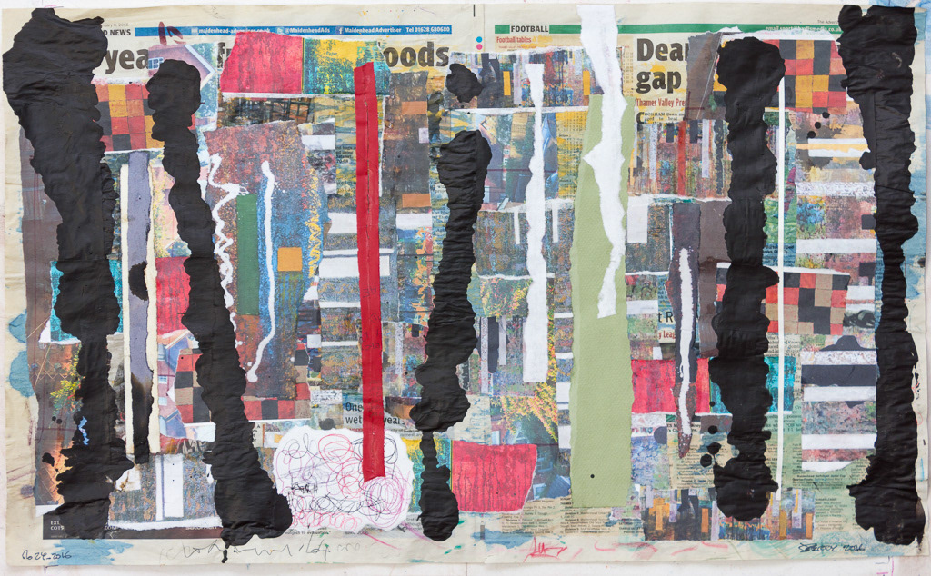 Dear Gap, no24_2016, Mixed media paper collage with acrylic on Newspaper, 14½x24", 37x61.3cm