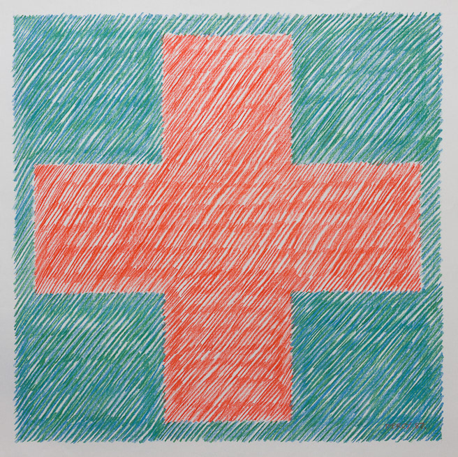 Binary 11, 1987, Red on Blue & Green, Plus, Binary series, pastel on cartridge, 59.5cm sq, 23.4" sq.