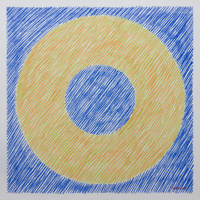 Binary 10, 1987, Zero, Blue on Red & Green, Binary series, pastel on cartridge, 59.5cm sq, 23.4" sq.