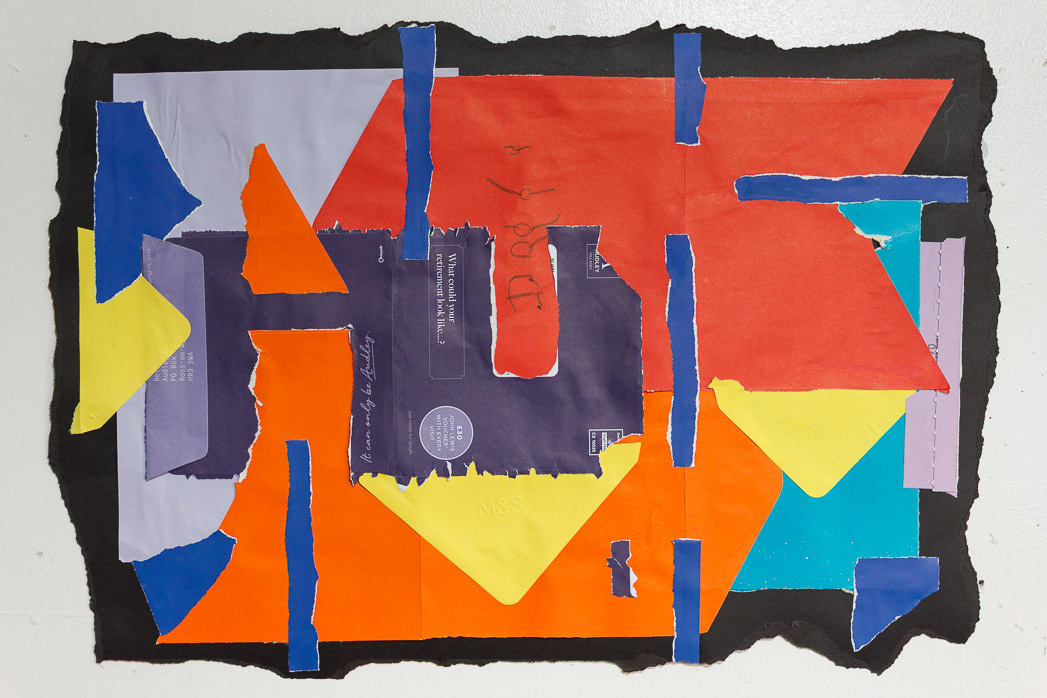 Improvised Arrangement, no32 2025, Scrap paper collage on Black, 16x24", 40.5x61cm