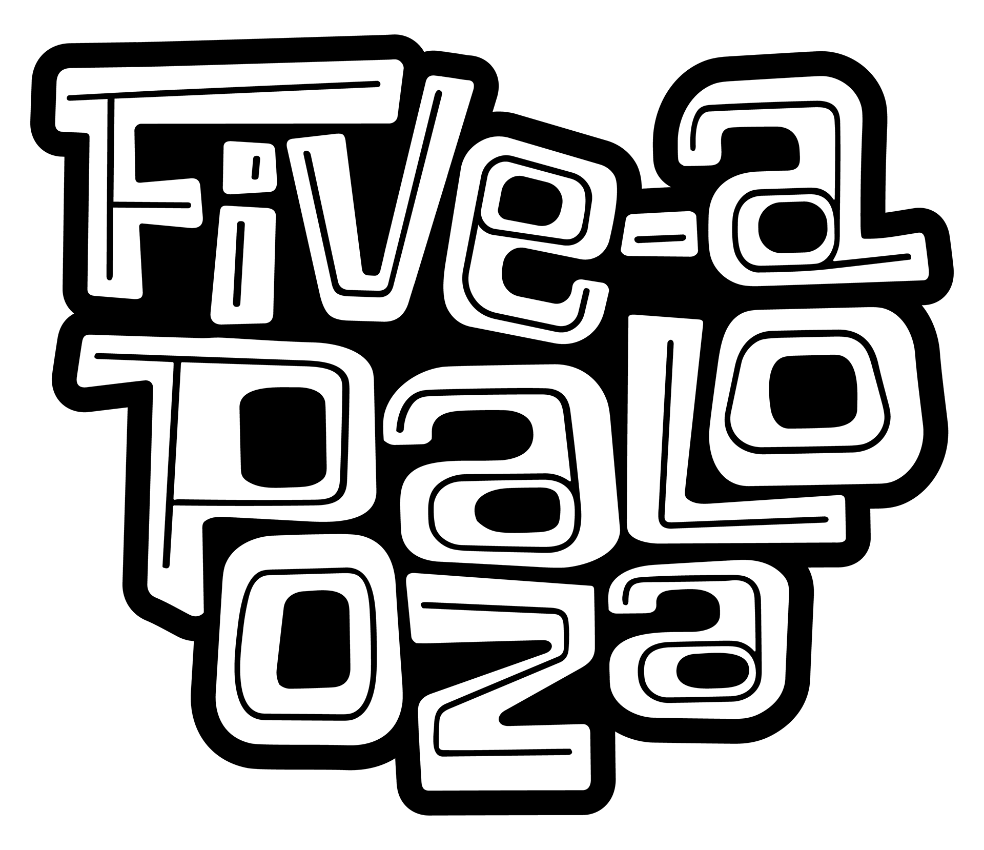 five-a-palooza stacked logo mimicking the Lollapalooza stacked logo, white text with black outline
