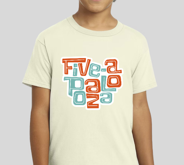 t-shirt mockup of five-a-palooza stacked logo, color, on light colored t-shirt