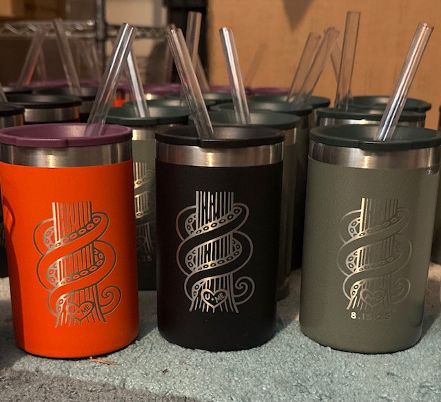 wedding logo printed on Stanley can cooler party favors