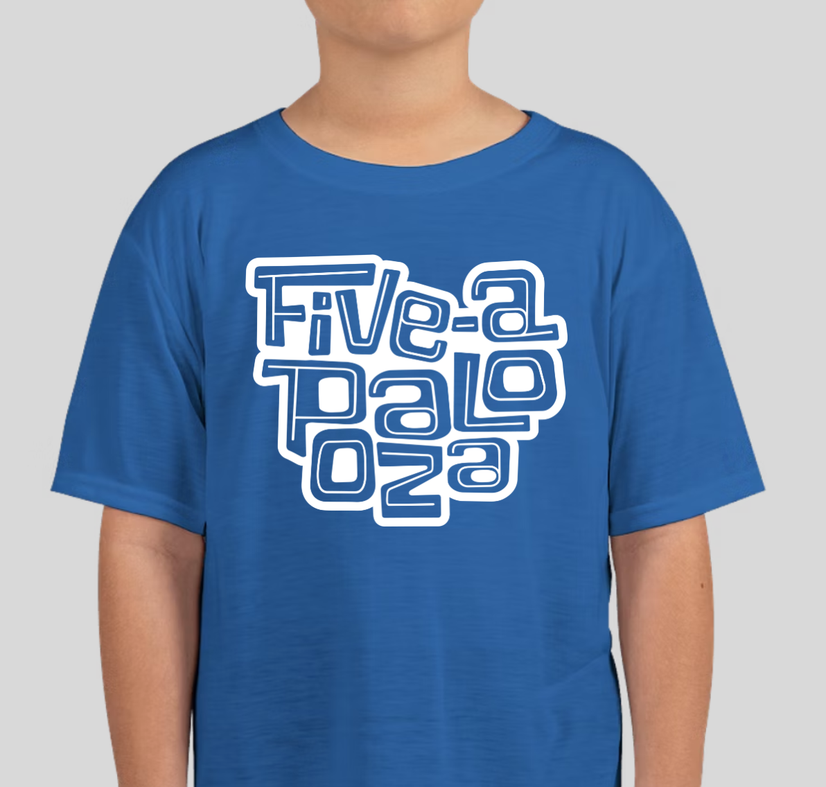 t-shirt mockup of five-a-palooza stacked logo, white outline with transparent text, on dark colored t-shirt
