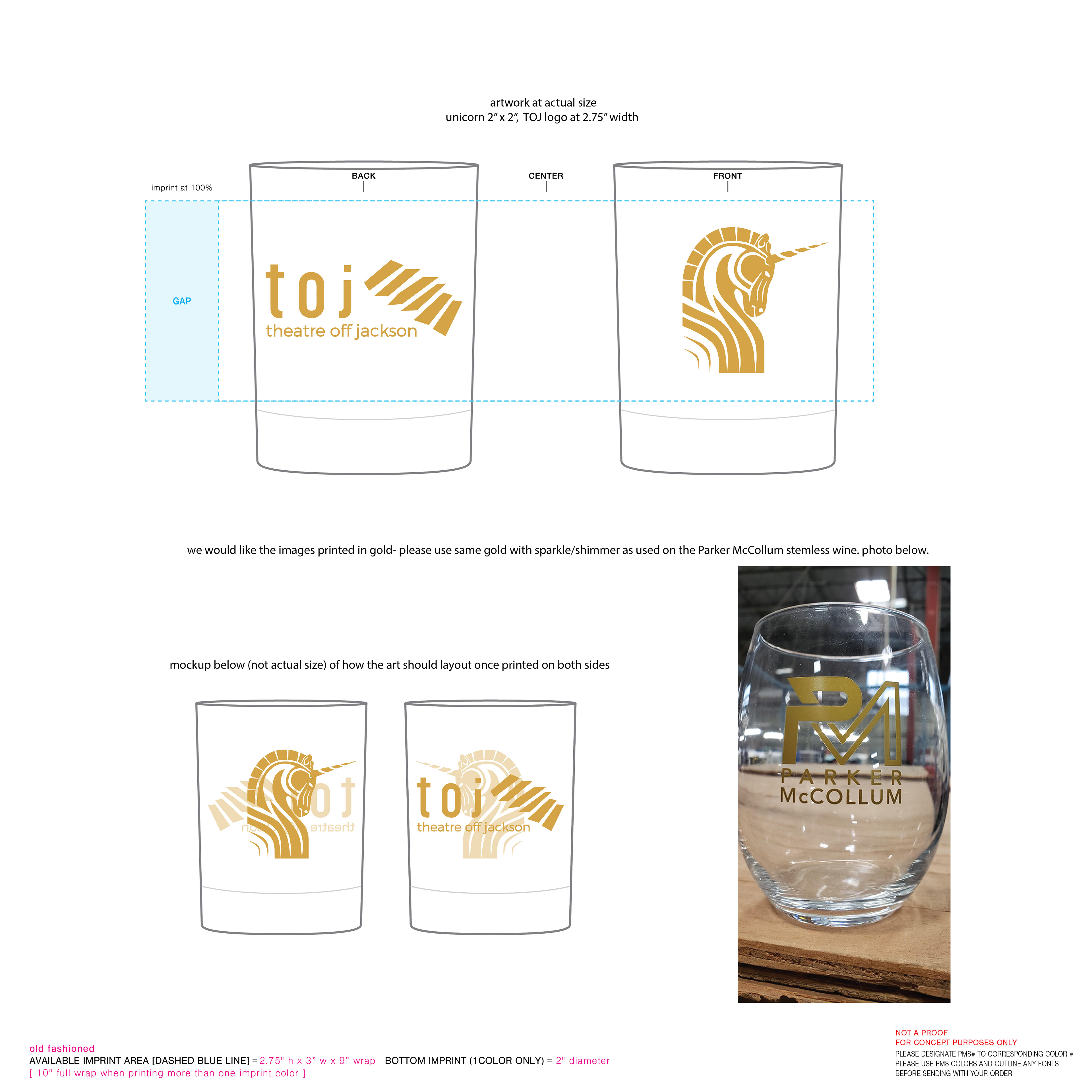 order paperwork with imprint specs and logo placement for the TOJ LFP2 rocks glass