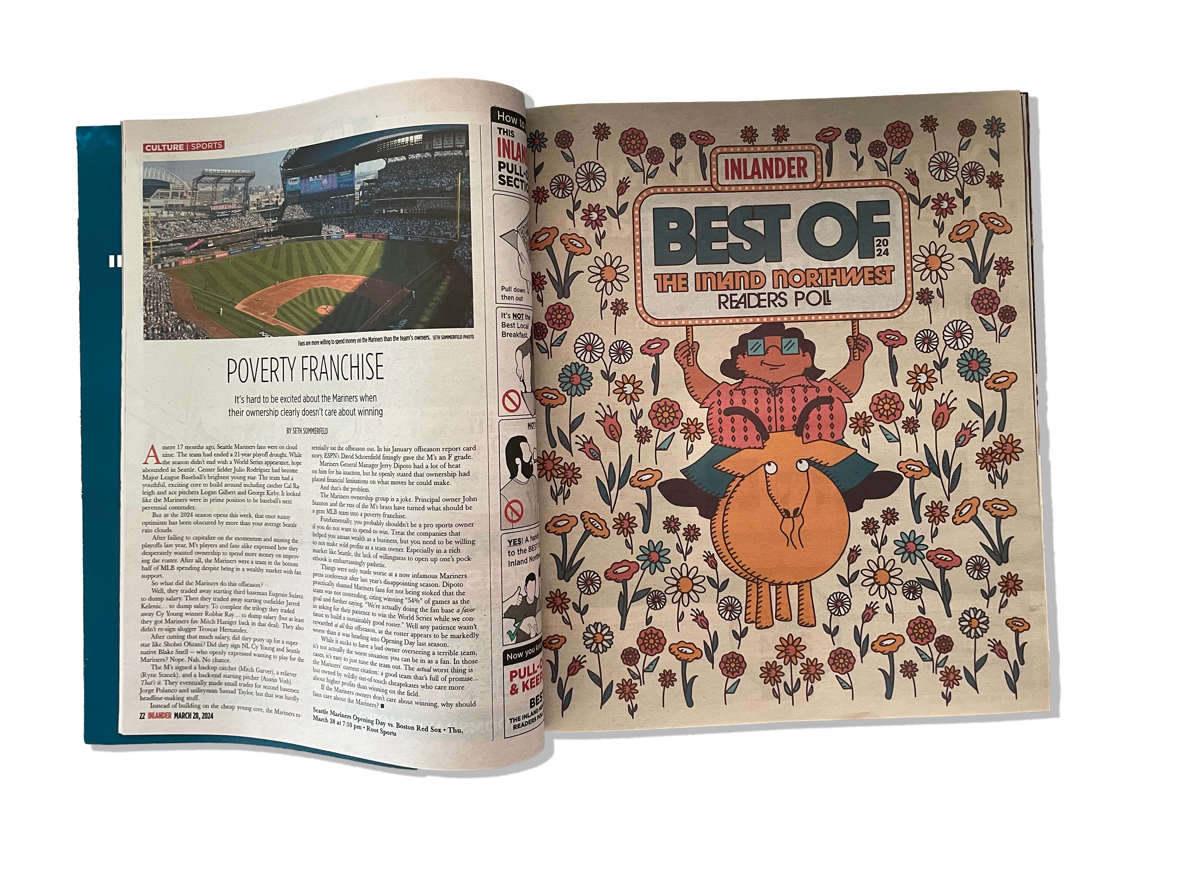 Interior cover illustration from the Inlander Best Of, with a guy riding on top of a goat