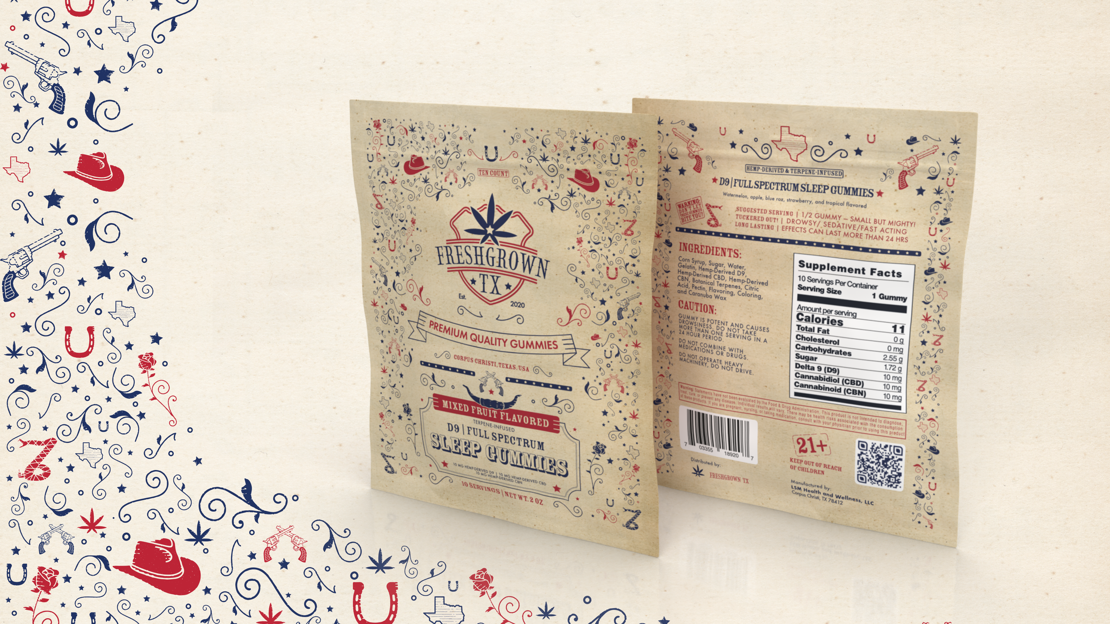 Fresh Grown Texas Sleep Gummy packaging with western designs