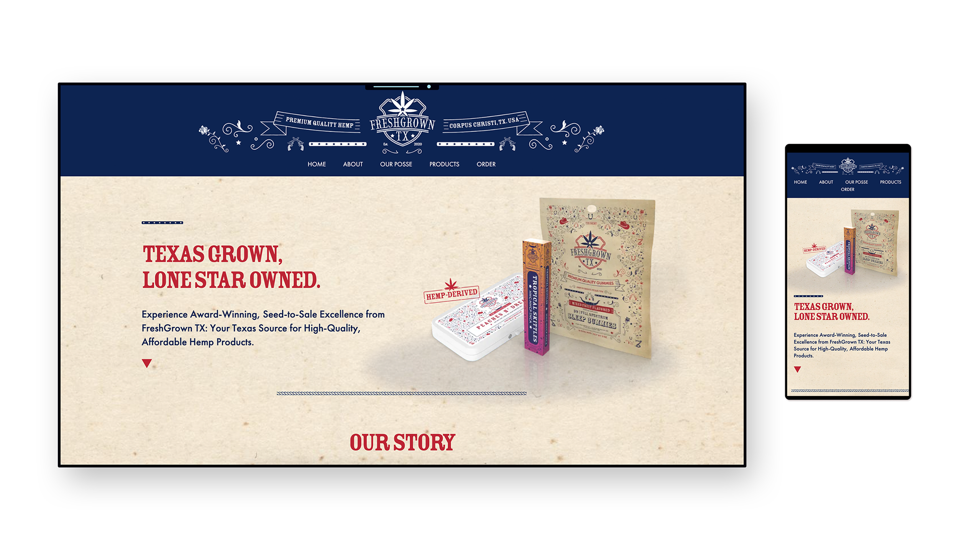 Fresh Grown TX website hero with paper pattern background, products and a elegantly designed header