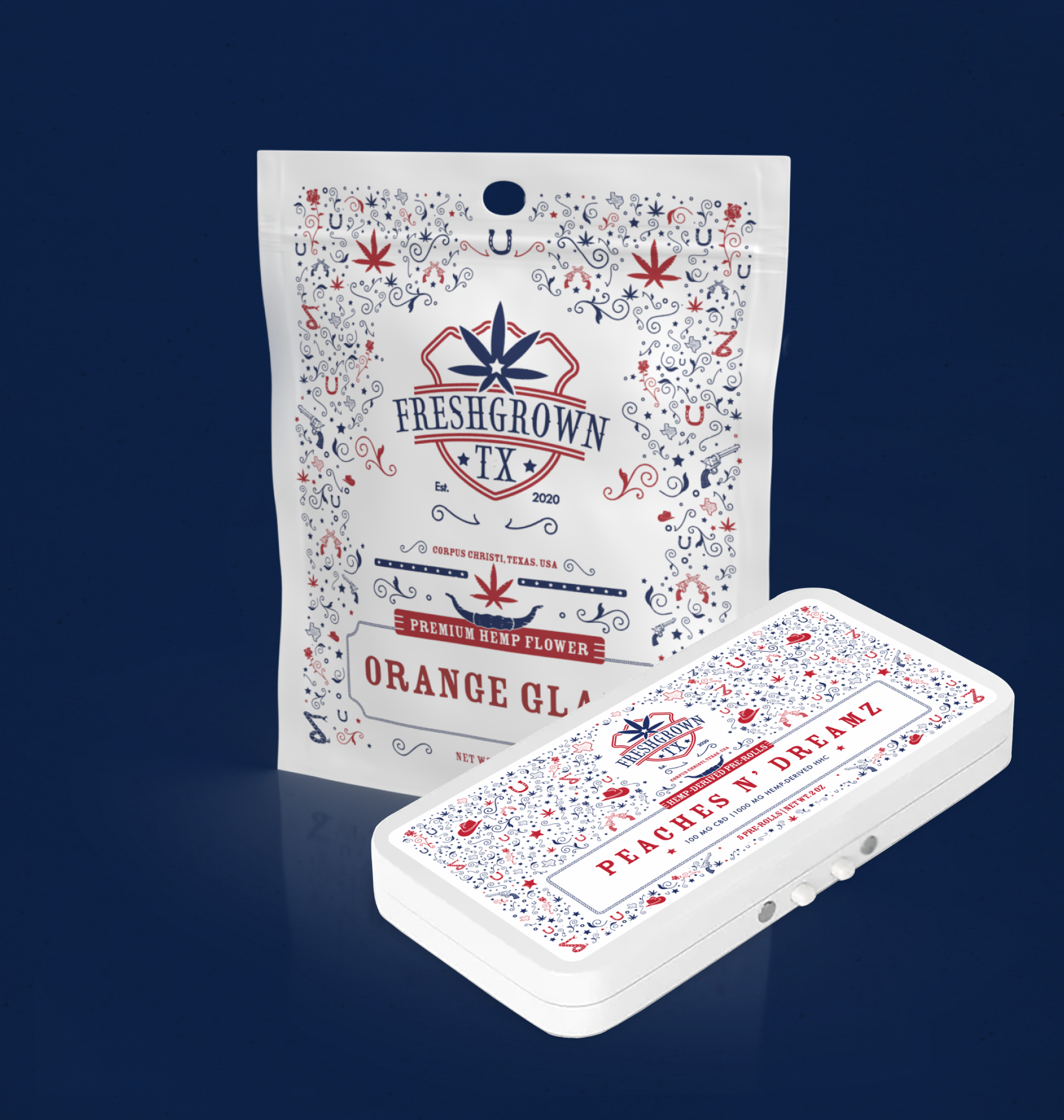 FreshGrown Texas hemp flower and pre-roll packaging