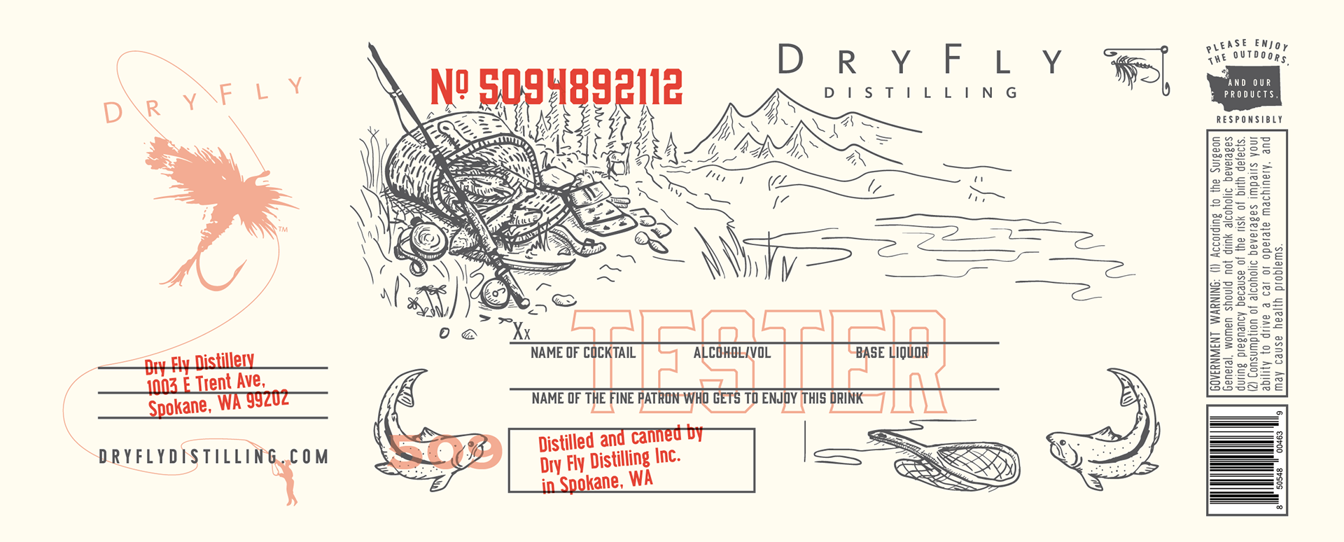 Dry Fly Tester canned cocktail label design, custom vintage fishing license illustration with fishing kreel and pole. Pacific Northwest inspired design 