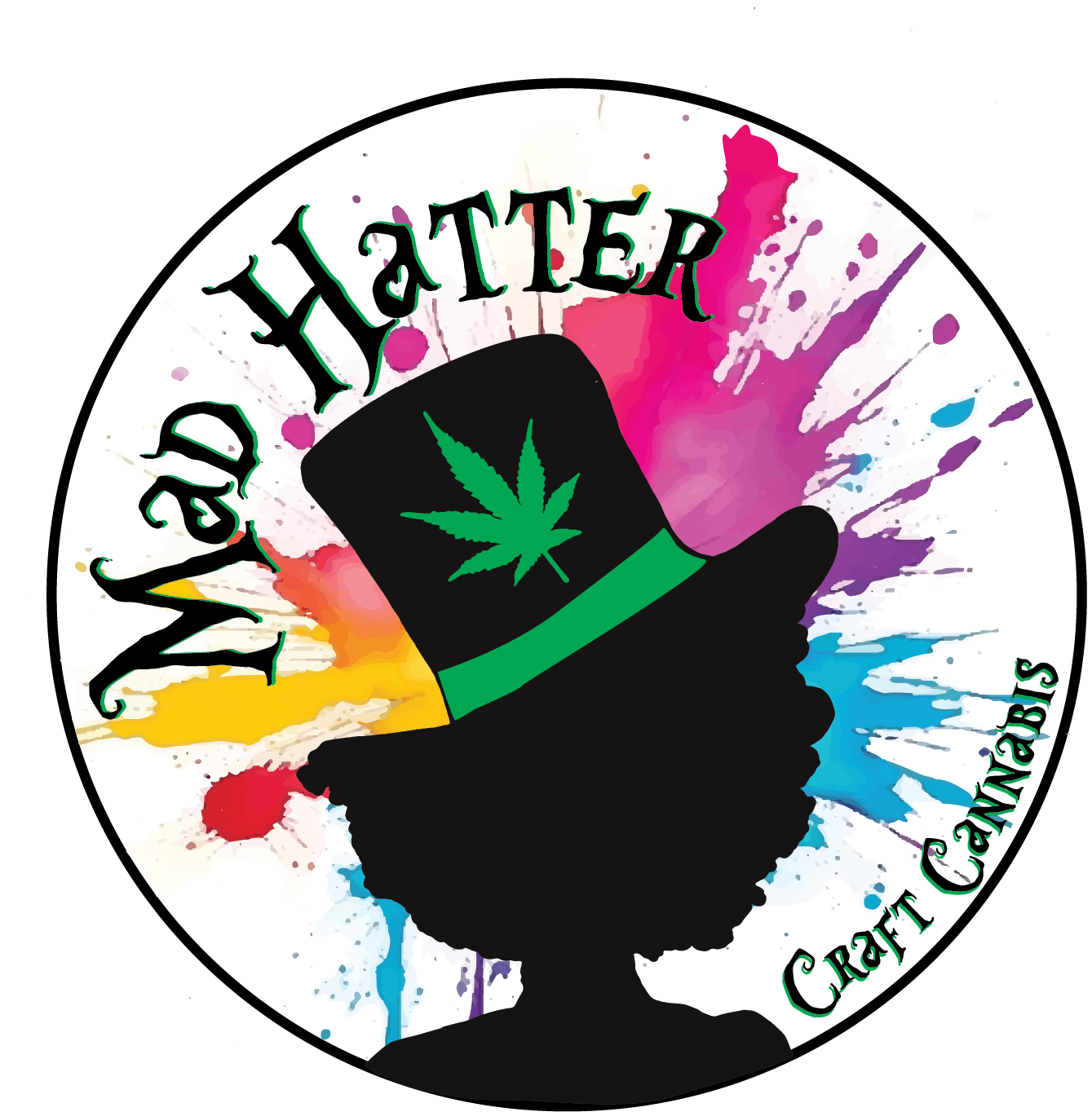 A vibrant fusion of whimsy and culture—this logo features a bold woman rocking a Mad Hatter hat, her afro crowned with confidence, against a splotchy watercolor backdrop. A cannabis leaf adds a rebellious, organic touch, capturing the essence of creativity, individuality, and elevated vibes.