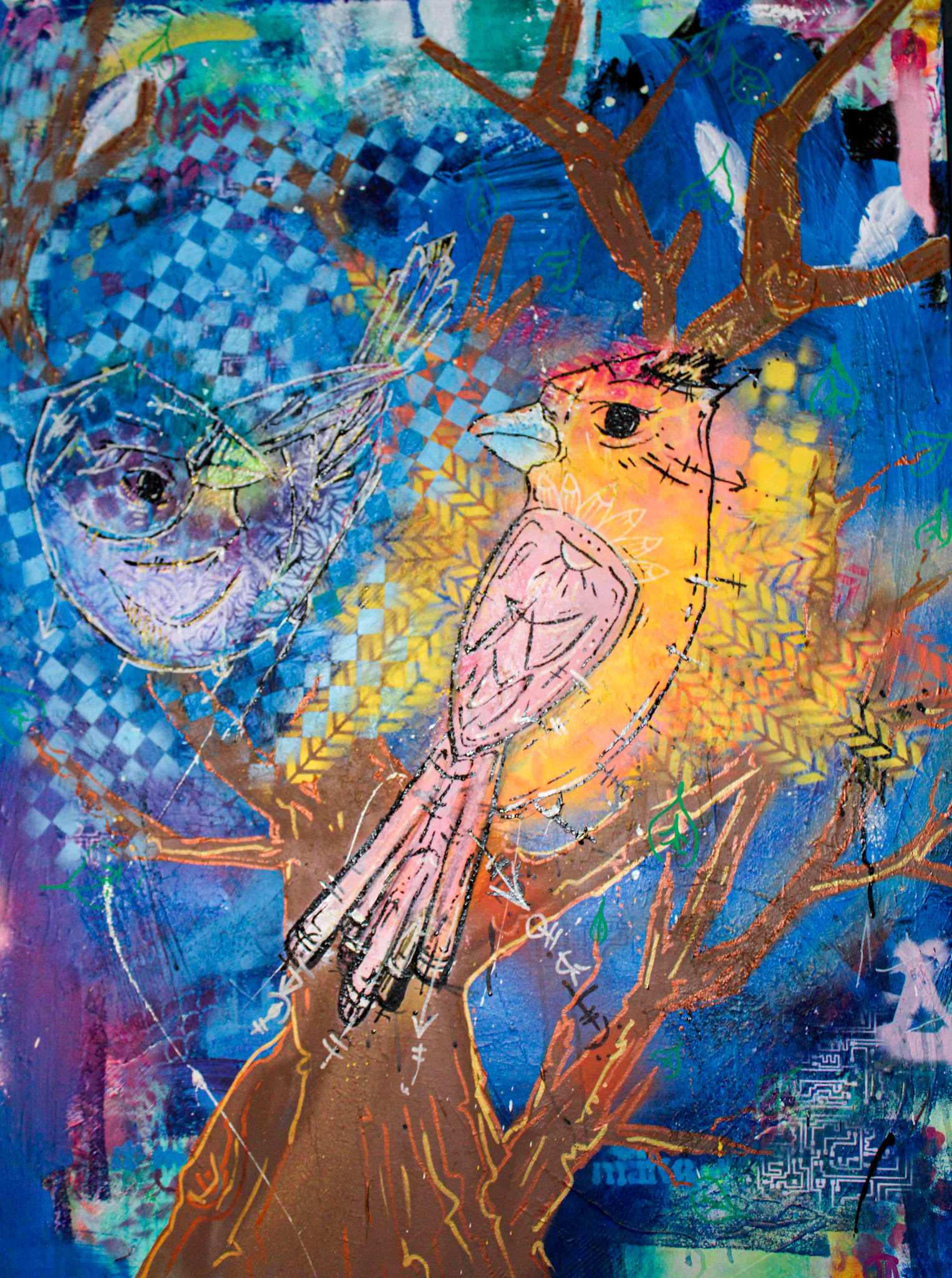 "The Lovers" This work is a part of a current series that I am preparing for a show. The idea was to impose images of animals and nature over what felt like layered city walls that had been painted over so many times they created their own texture.