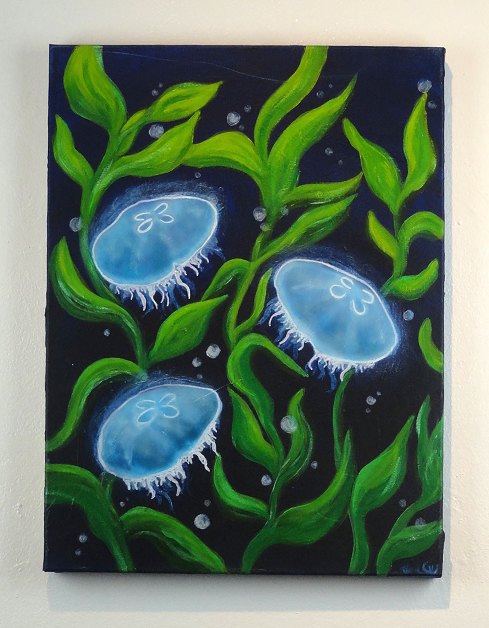 For this one I started with a stencil and then used interference paint to embellish them. Surprisingly it was the contrast of the seaweed that was the most challenging part of this.