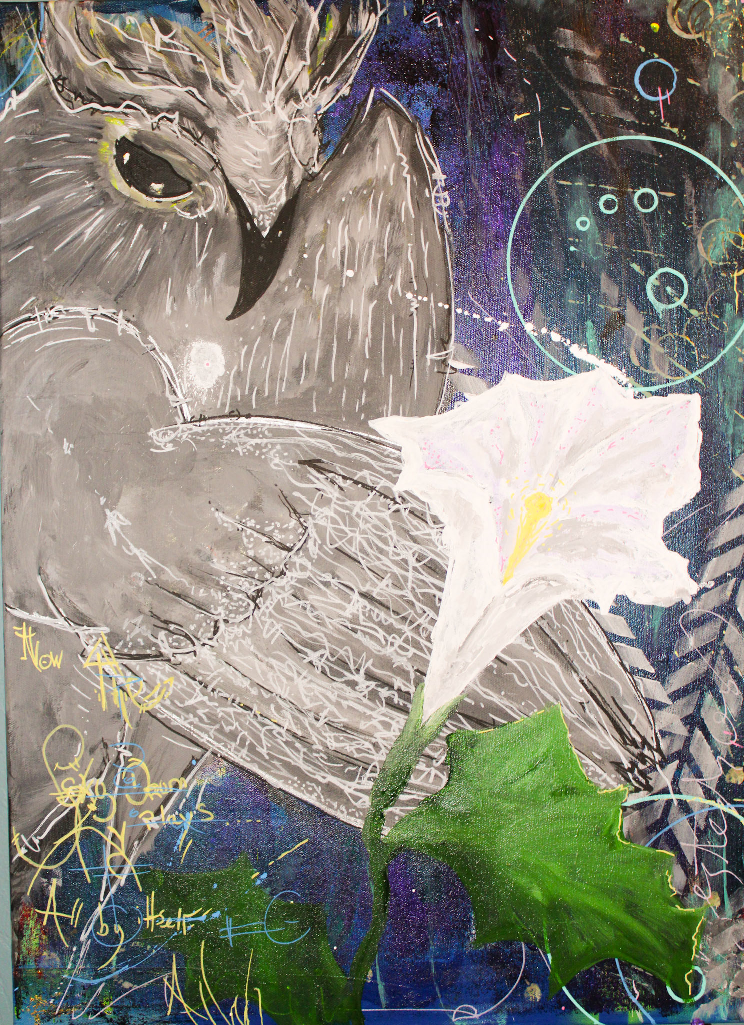 "Dreambreathing" We have a lot of Datura plants where I live and I find them to be some of the most beautiful flowers. Blooming at night they carry deep dream medicine and Like the owl can bring great wisdom.