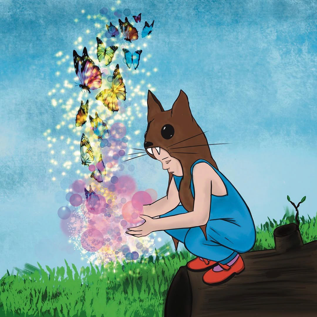 This image was a fun playful momeht for me. I drew upon my joy of wandering through fields like some form of wild animal. I also made it as a form of wishing for my daughters to have a childhood filled with wonder and magic.