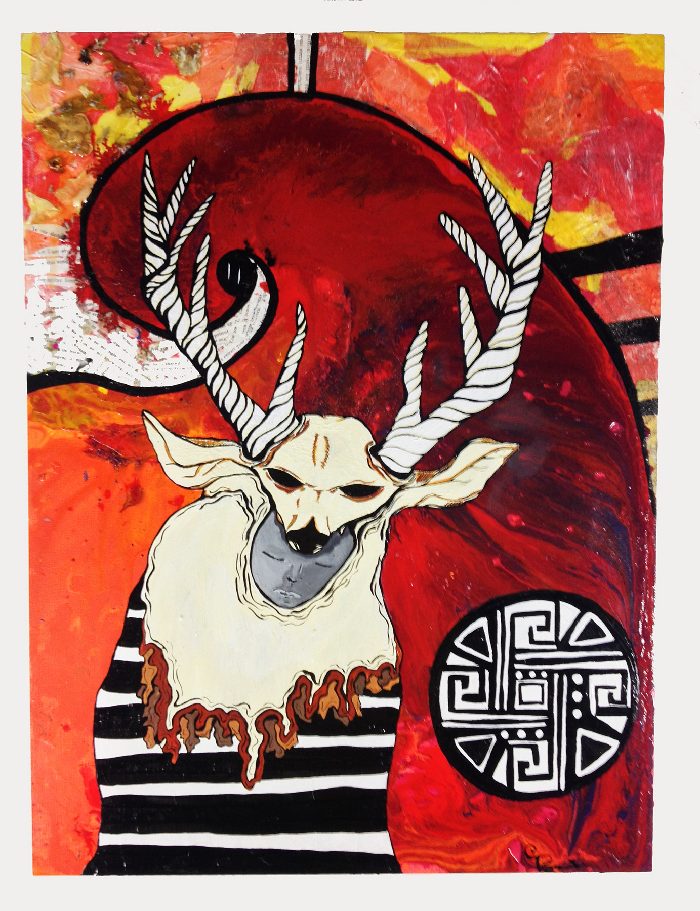 "Deer Clown" This piece was made for a show centered around the Mimbres region of New Mexico. The pattern is one you would have found on old pottery from the local tribes and the spiral actually has collected wildflowers mixed in with a gel medium. rather than people in costumes I picture my characters as spirits with characteristics of both.