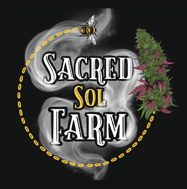 A bold, organic design featuring a fully flowered cannabis bud and flowing smoke encircling the company’s name. This logo symbolizes the harmony of nature, growth, and the sacred energy of the sun, embodying the essence of Sacred Sol Farm.