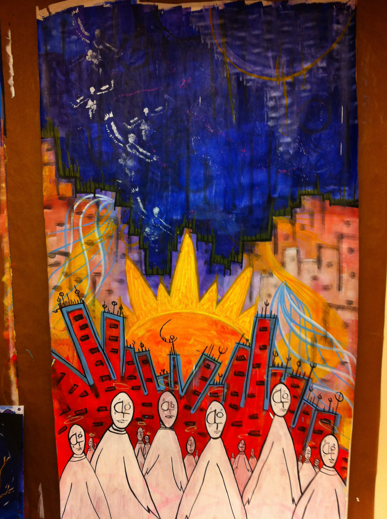 "Ghost Mob" I have these half formed beings in my head that roam the city watching. The ultimate people watchers and art gatherers. This pice was painted on a 12 foot piece of heavy paper and backed on the edges with tape. Not archival and yet enjoyable to make all the same.