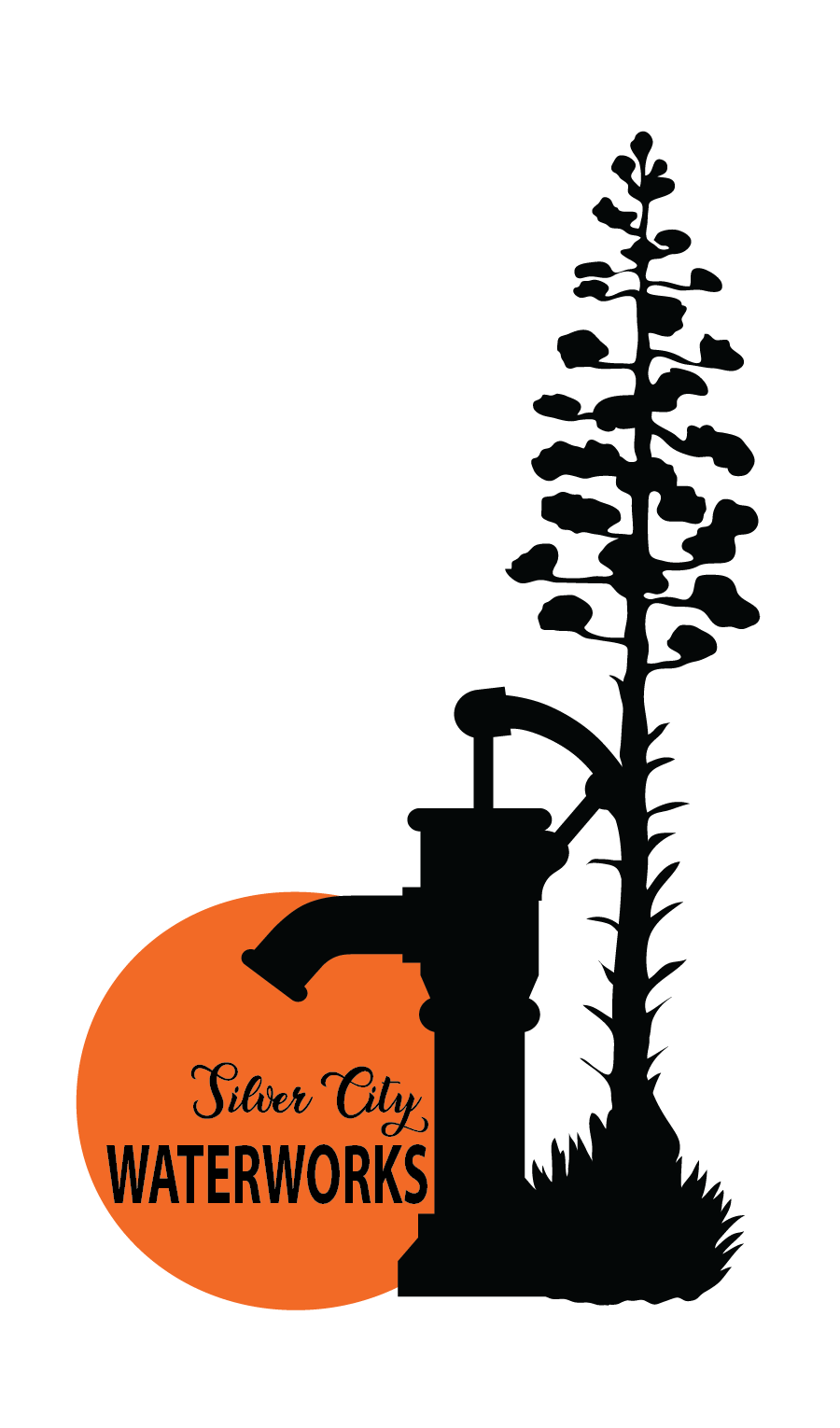 A bold, minimalistic logo featuring a resilient century plant and a vintage water pump, framed by a warm orange sun. This design honors the legacy of water in Silver City, blending nature and industry in a timeless, striking visual.