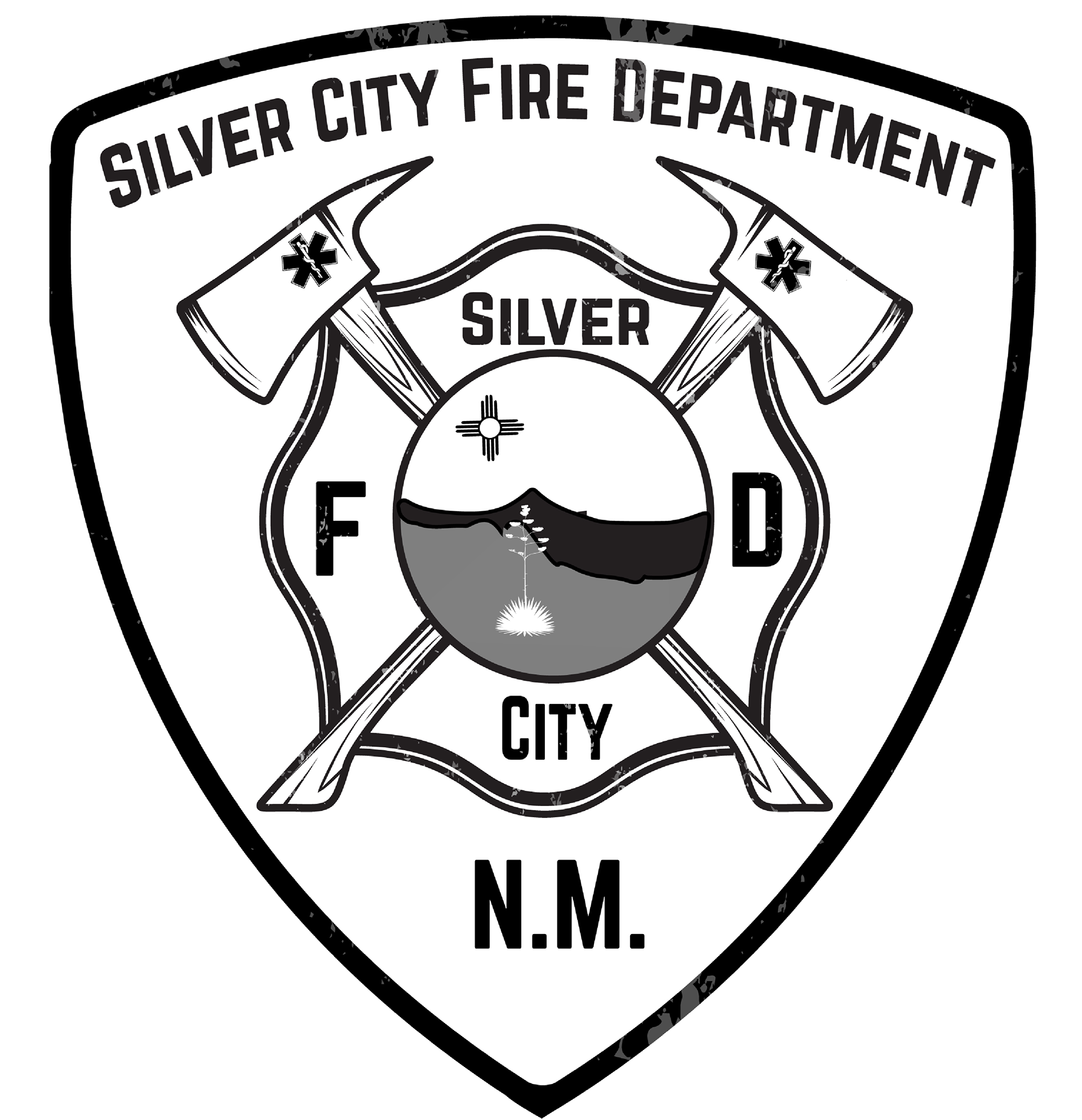 This bold and professional emblem for the Silver City Fire Department captures strength, service, and local pride. Featuring crossed axes, a firefighter’s shield, and a scenic depiction of Silver City, NM, the design integrates tradition with a sense of duty. The distressed texture adds a rugged, time-honored feel