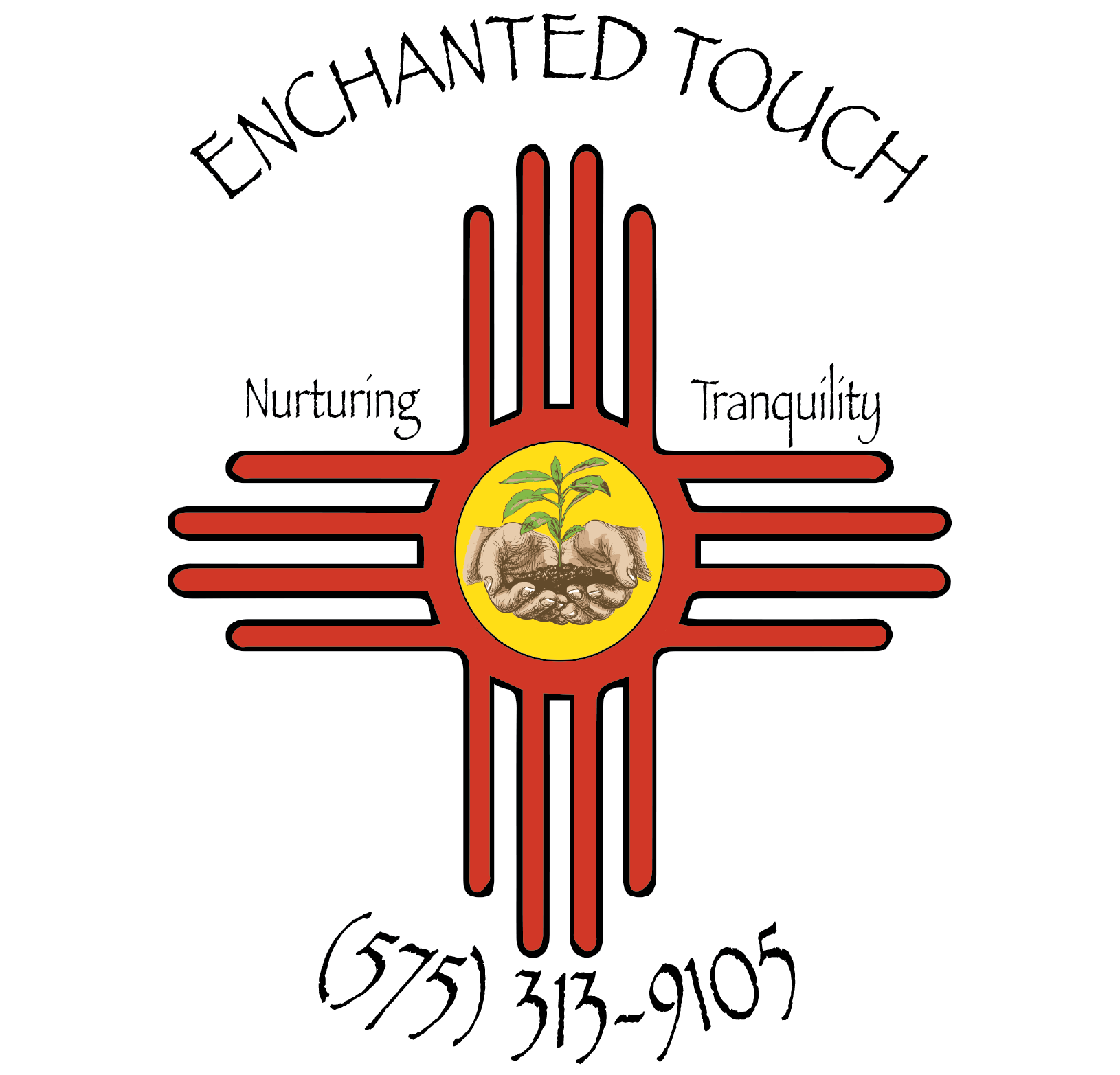 This logo for Enchanted Touch beautifully integrates the iconic Zia sun symbol with a nurturing pair of hands cradling new growth, representing care, healing, and renewal. The earthy tones and organic imagery convey a sense of tranquility and connection to nature, while the typography adds a personal and artistic touch. A perfect blend of tradition and wellness, this design captures the essence of the brand’s mission.