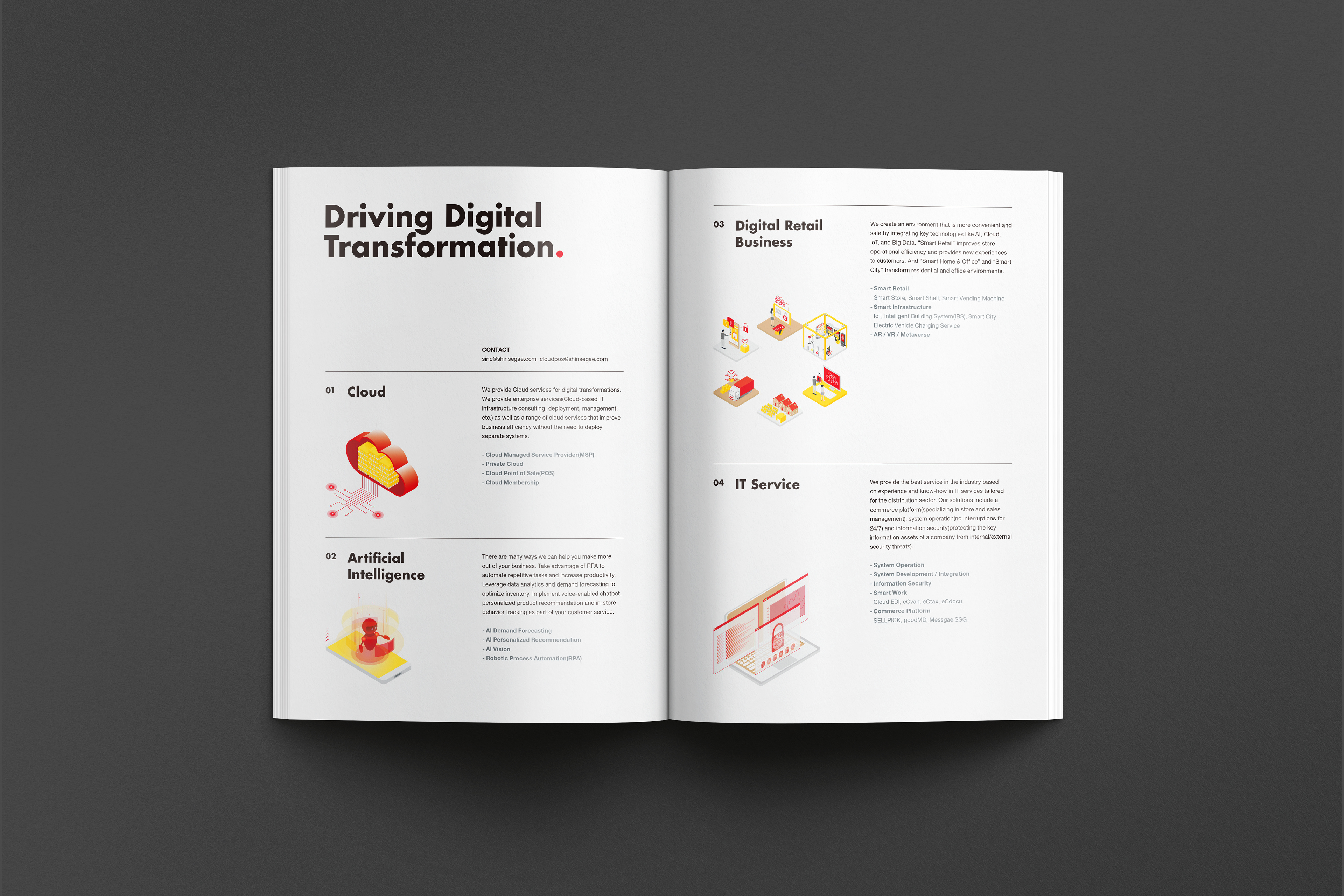신세계아이앤씨 브로슈어 내지 디자인. “Driving Digital Transformation” 메시지를 중심으로 클라우드, 인공지능, 디지털 리테일, IT 서비스 영역을 아이소메트릭 아이콘과 정돈된 정보 구조로 소개한 페이지다.