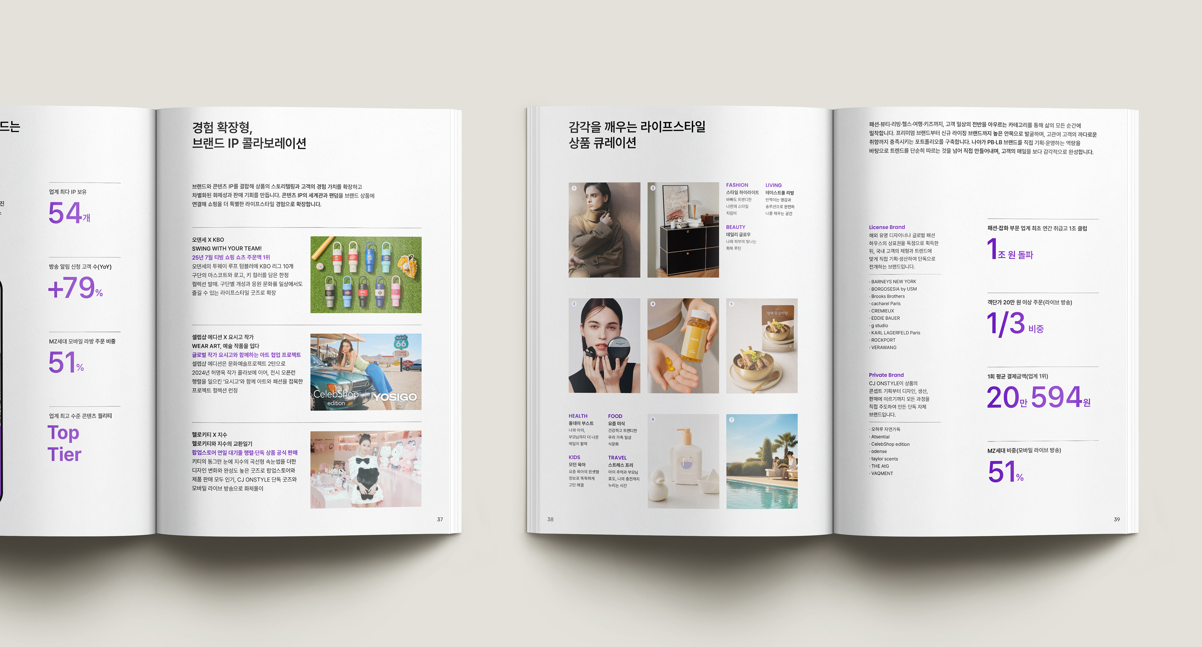 CJ온스타일 기업 브로슈어 내지 디자인. 콘텐츠와 커머스 사례를 이미지와 수치 정보로 구성해 사업 성과를 전달하는 편집 레이아웃.