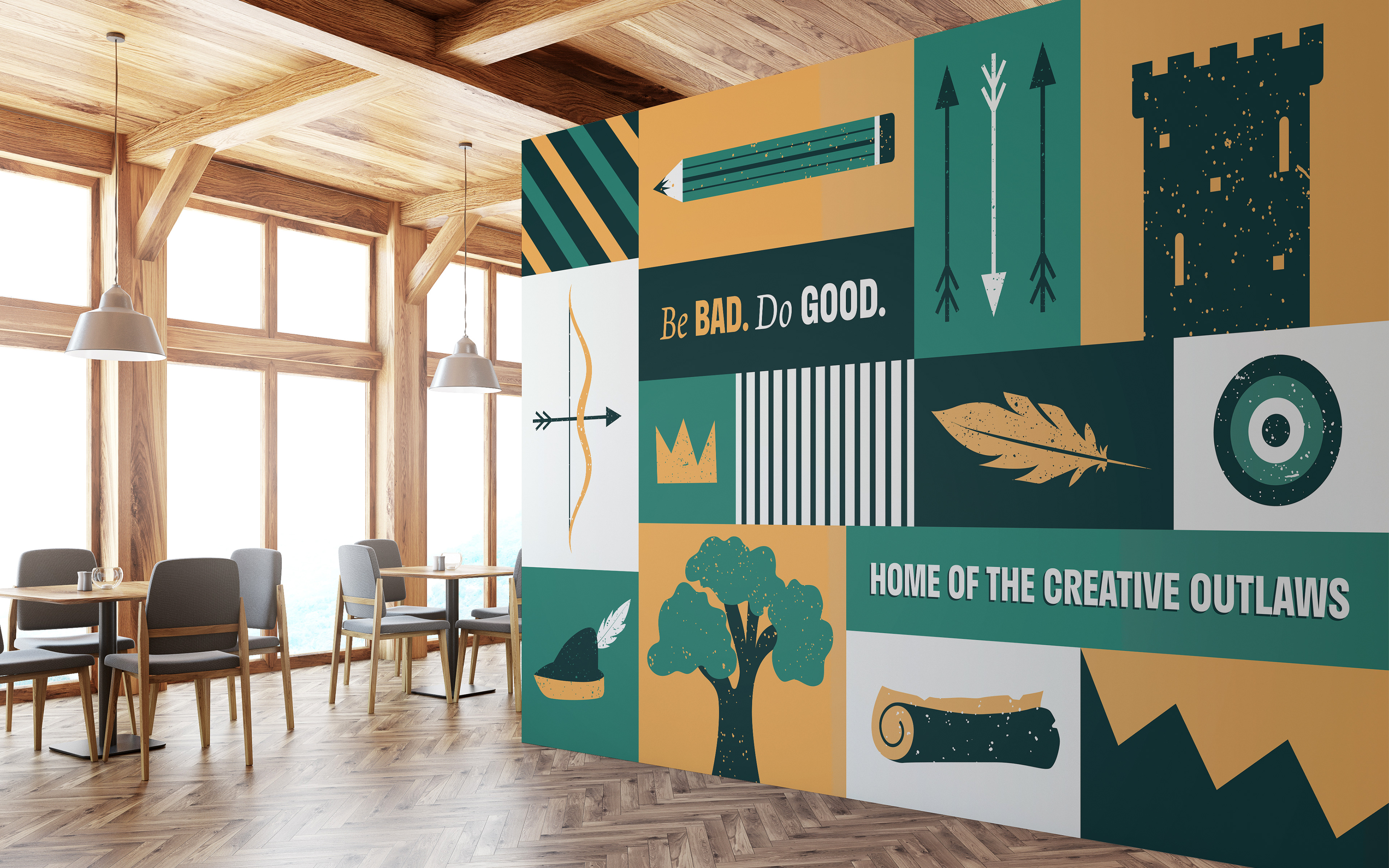 A mural inside the Bow & Arrow co-working space