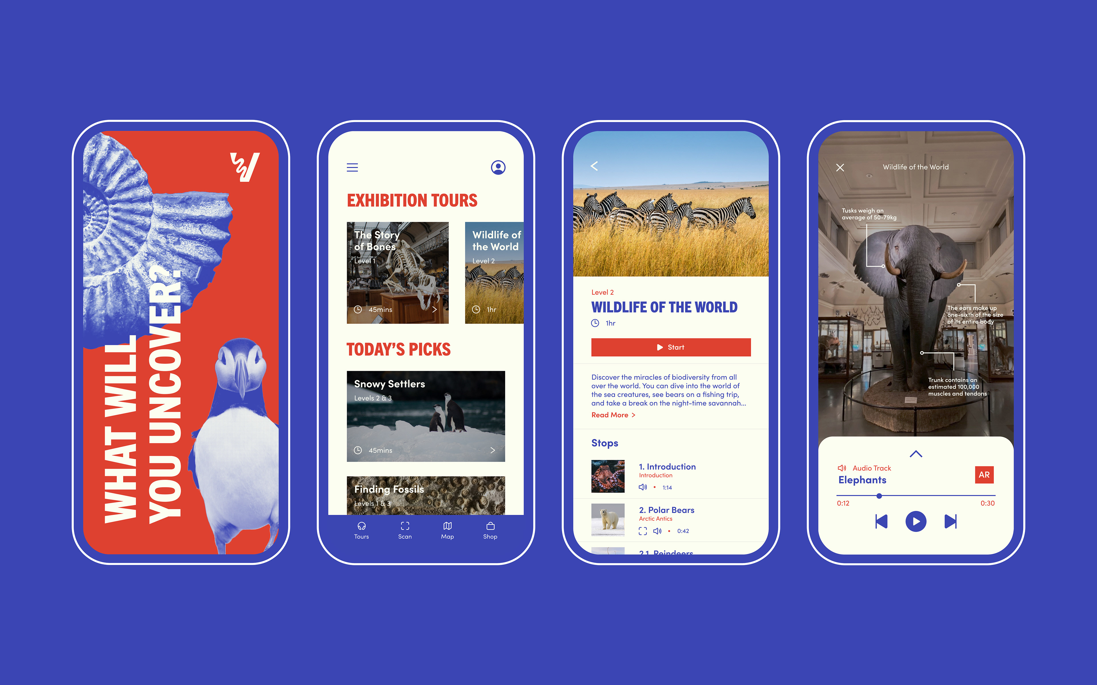 4 app pages of the Vaihtelu app showing the user journey to the audio guided AR tour
