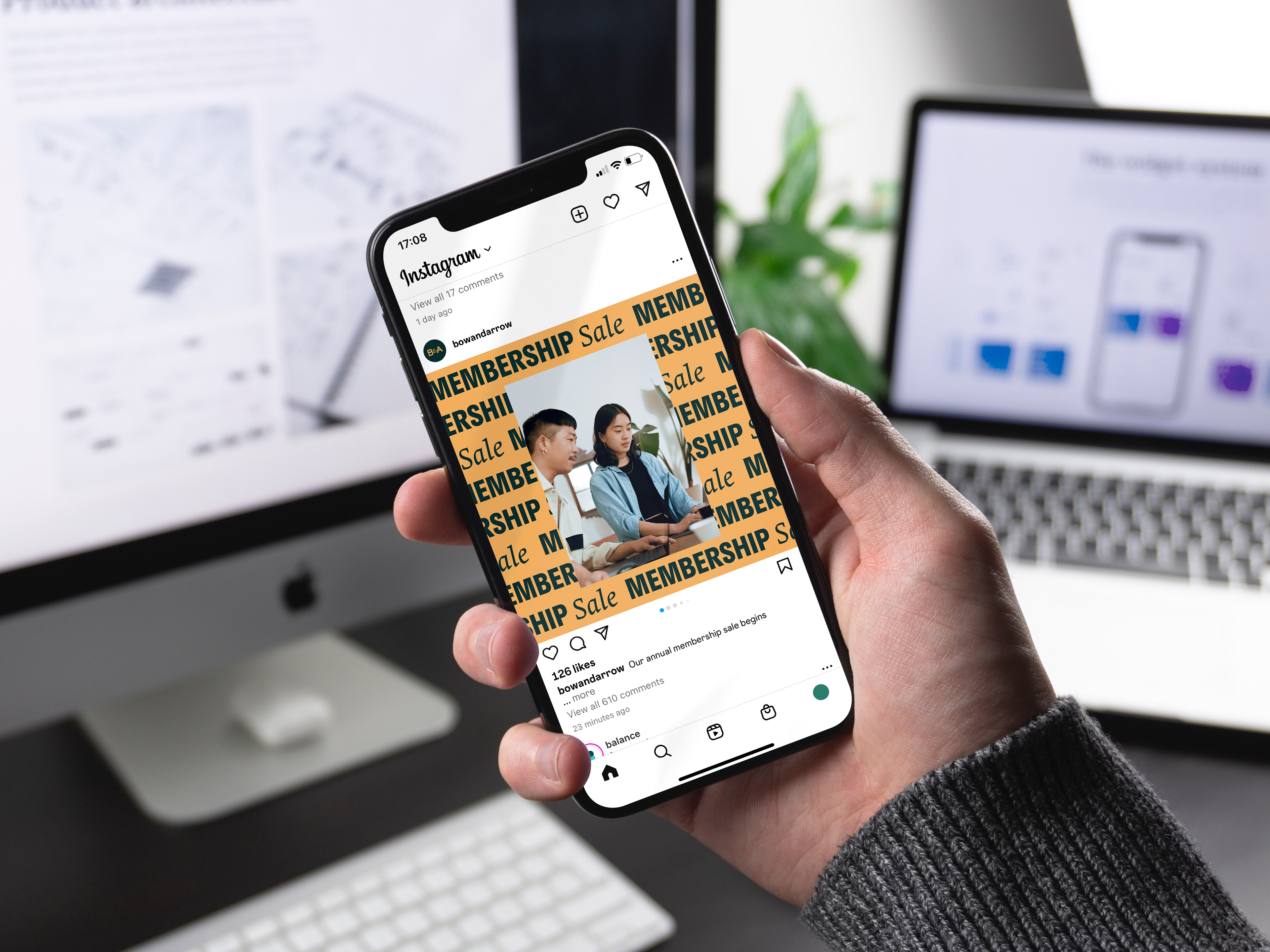 A man holding an iphone with a Bow and Arrow membership sale Instagram post