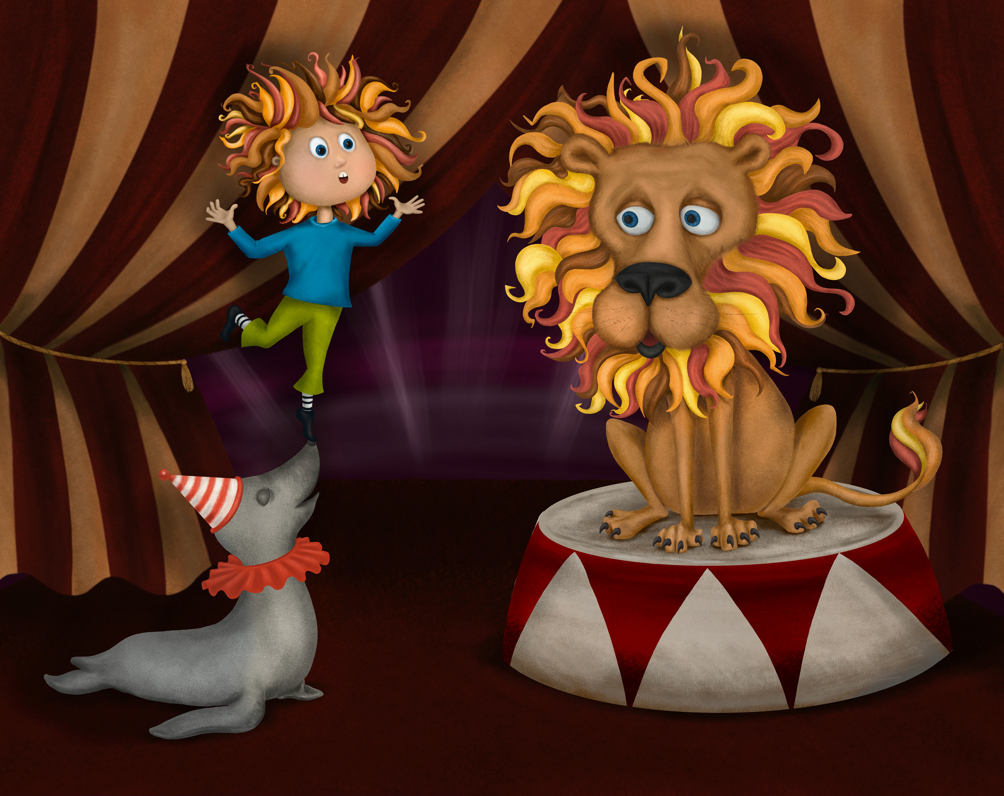 Illustration of a lion, a seal and a little girl performing at the circus