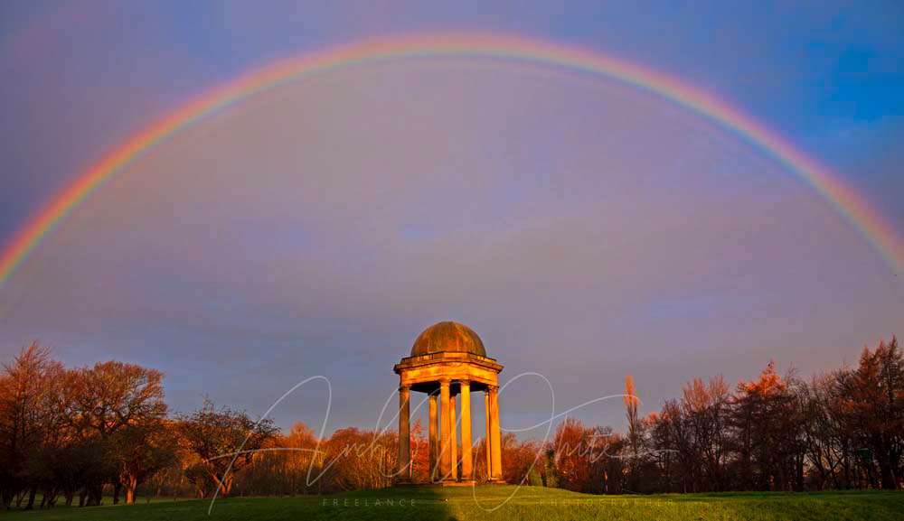 Rainbow, sunshine, dramatic, sky, monument, Duddingston, Scotland, Edinburgh, Scottish, scenic, picture, photo, photograph