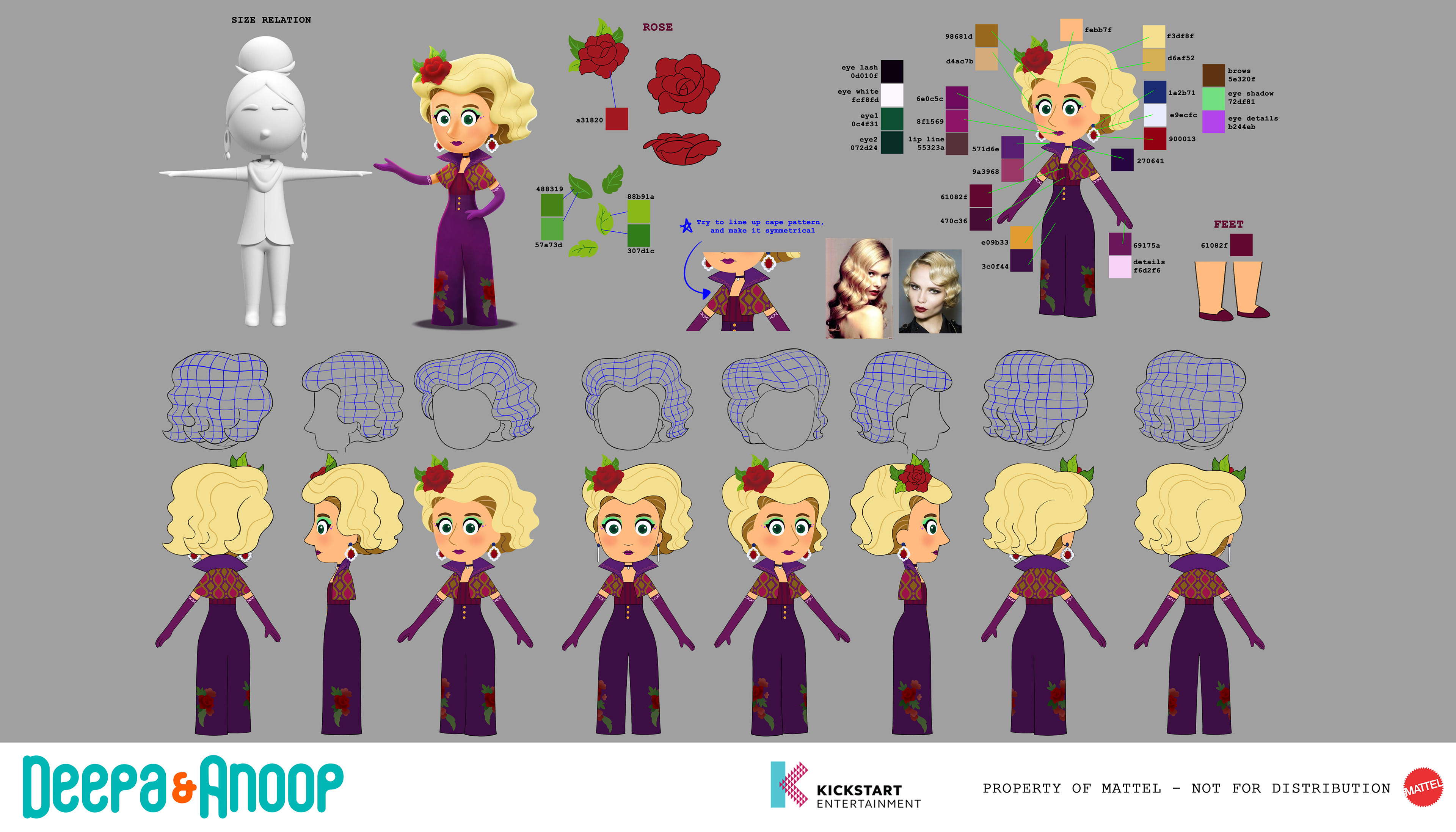 Turnaround of Miranda, with construction notes and reference images for the CG team