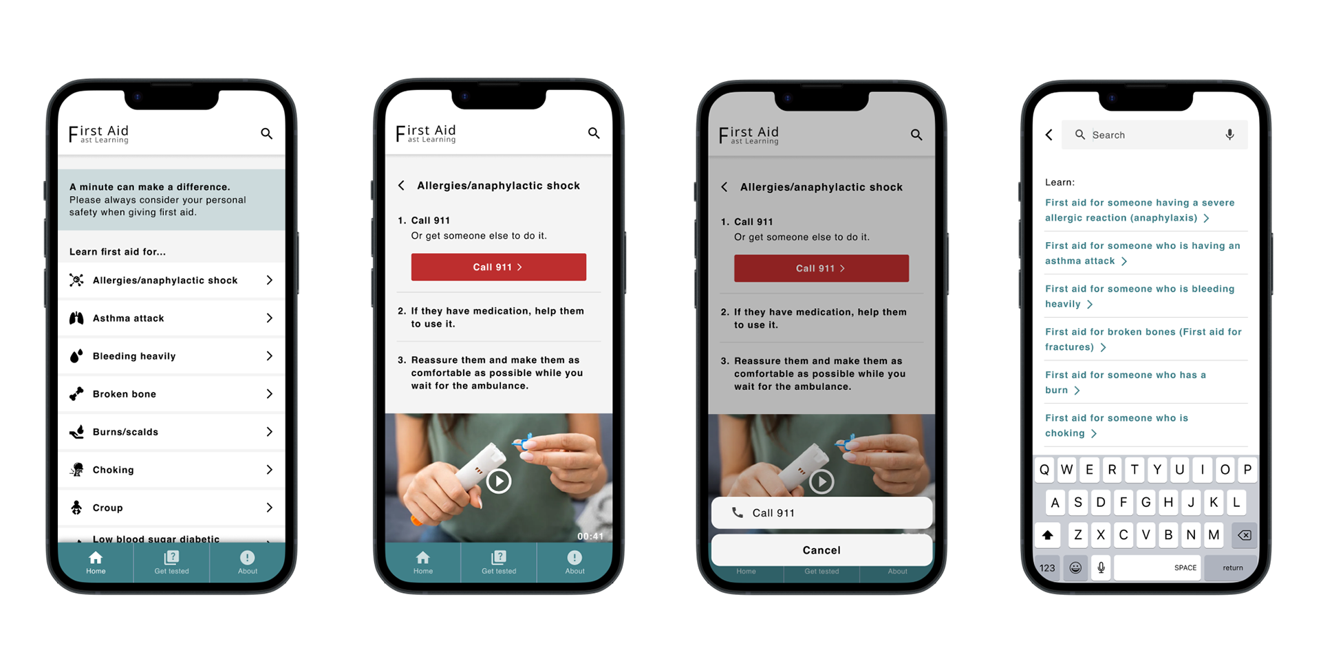 Final mockups of the First Aid Learning App