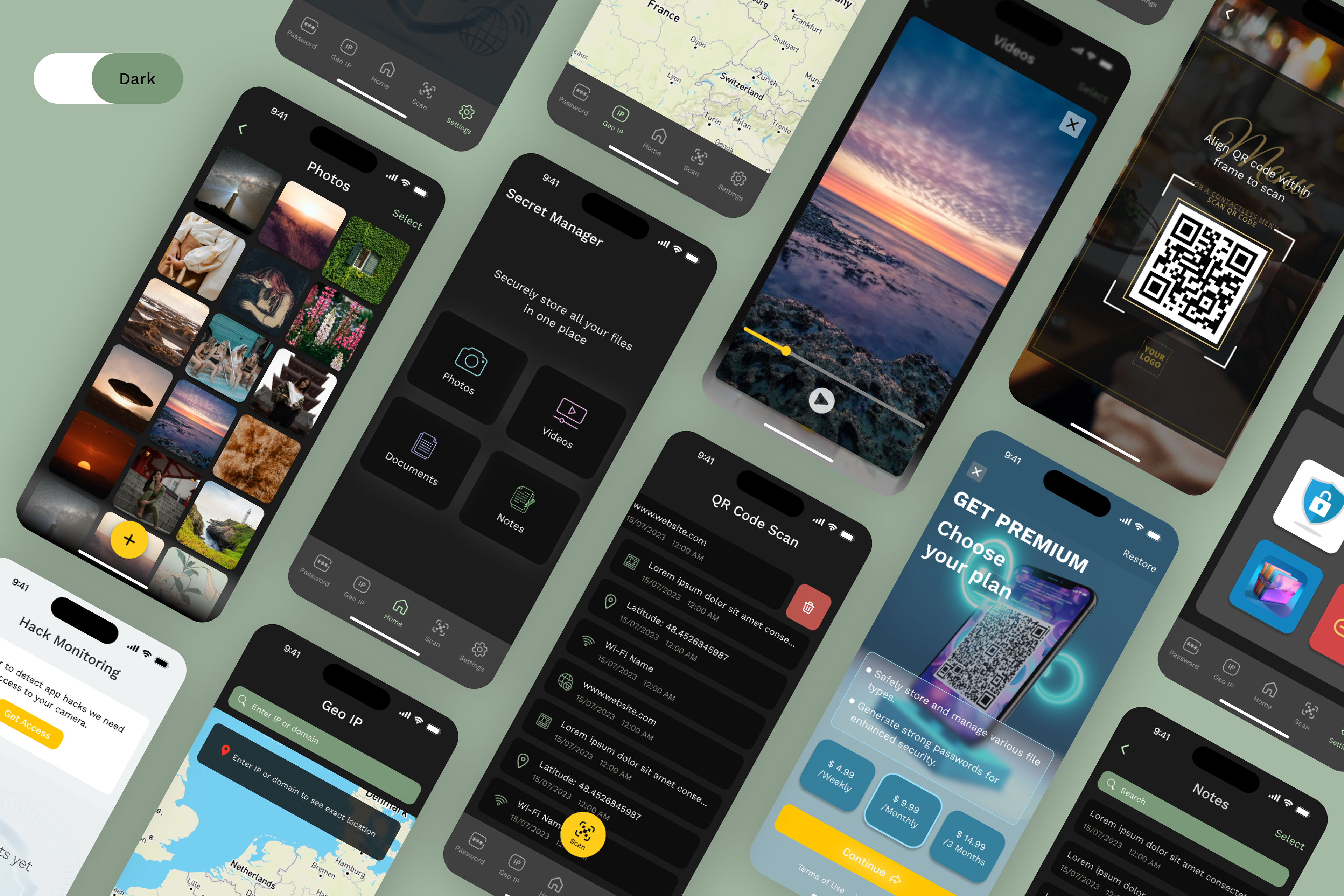 Secret Files & QR Code Scanner iOS Mobile App Dark Theme