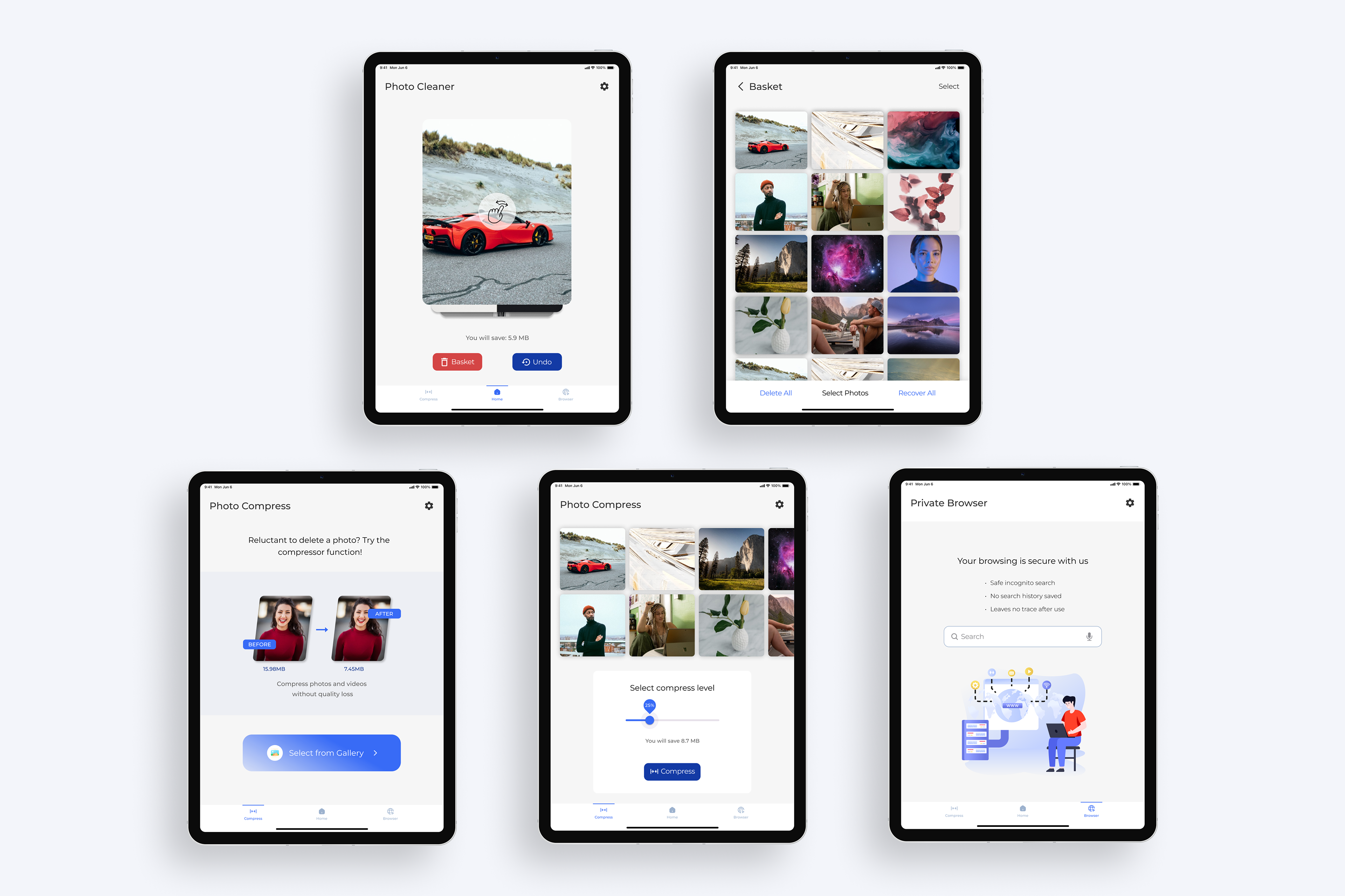 Photo Cleaner & Compress - iOS Tablet App UX/UI Design