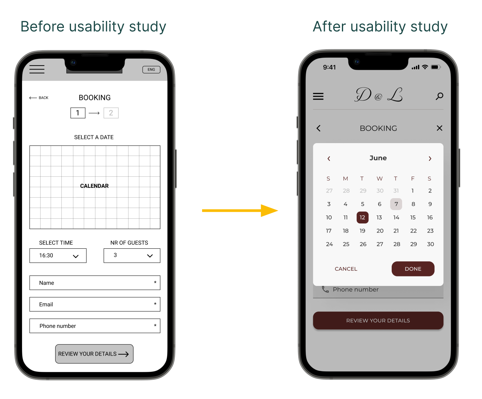Mockups before and after usability study